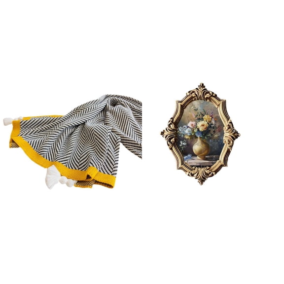 CoudarTitie Knitted Throw Blanket Picture Frame Set Decorative Blanket Photo Paper Resin Frame Collectible Artwork Vintage Craft Soft Acrylic Suitable for Living