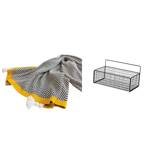 CoudarTitie Knitted Throw Blanket And Storage Basket Set Soft Acrylic Blanket Iron Wire Organizer Simple Stripe Pattern Suitable for Bedroom Living Room Kitchen B