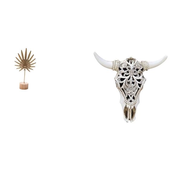 CoudarTitie Leaf Sculpture Bull Head Wall Decor Metal Statue Resin Ornament Creative Pattern Design with Iron Wood Base Suitable for Bedroom Living Room Office Ba