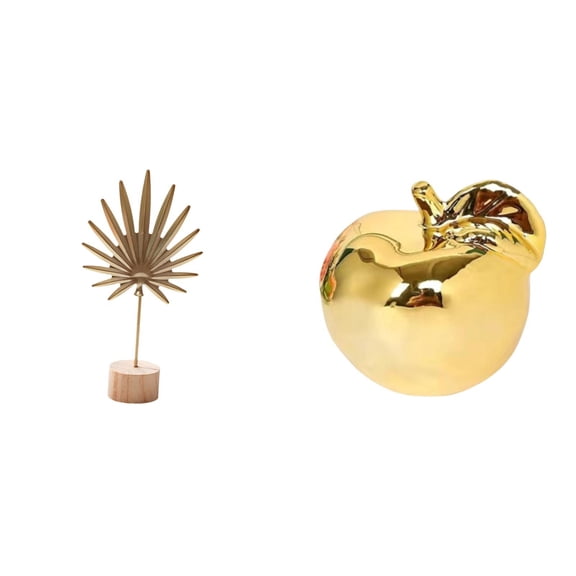 CoudarTitie Leaf Sculpture Metal Leaf Statue Decorative Art Figurine Fruit Sculpture with Wood Base Creative Ceramic Design Suitable for Living Room Office Deskto