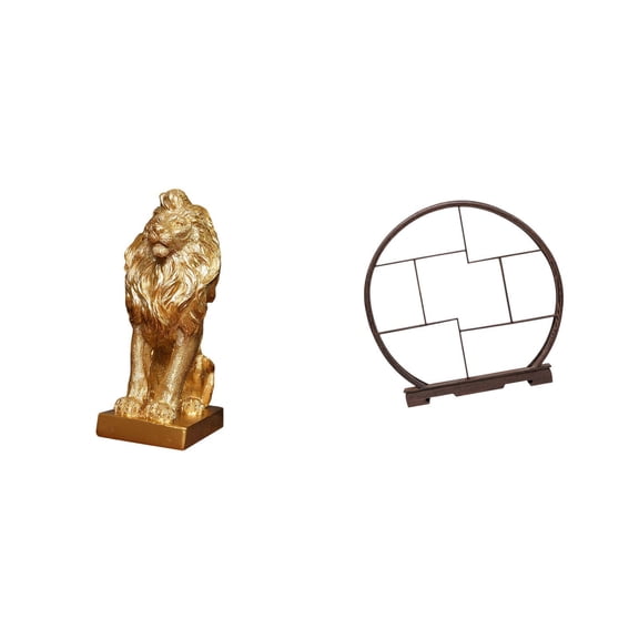 CoudarTitie Lion Figurine Resin Sculpture Wooden Craft Display Stand Antique Collectibles Shelf Artistic Decoration Suitable for Home Office Desk Gift Giving