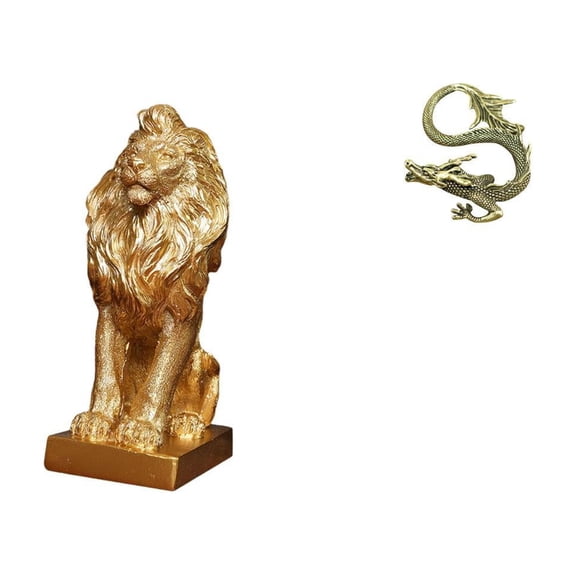 CoudarTitie Lion Figurine Resin Statue Brass Ornament Chinese Sculpture Collectible Miniature Animal Art Suitable for Office Desk Bookshelf Home Decoration Gift G