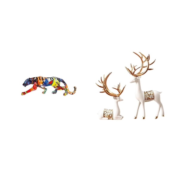 CoudarTitie Majestic Leopard and Reindeer Sculpture Collection Elegant Animal Figurines for Home Decor Bookshelf and Shelf Display Unique Craft Ornament