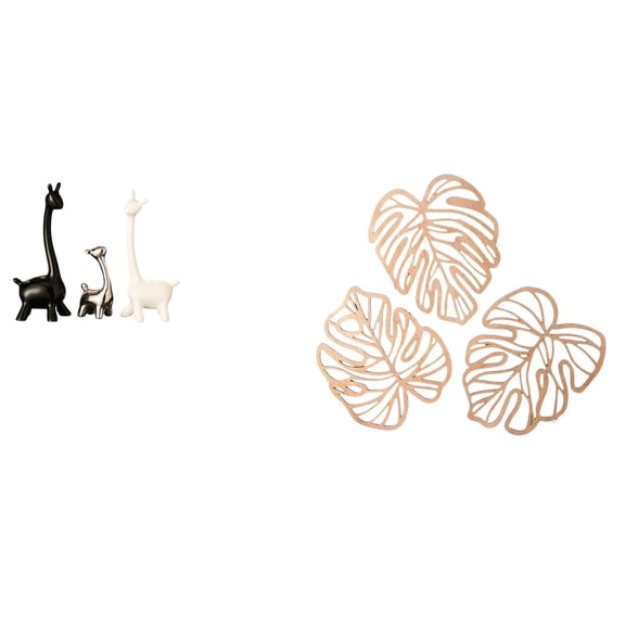 CoudarTitie Modern Creative Giraffe Statue and Palm Leaves Wood Wall Art Centerpiece for Desk Office Bedroom Bookshelf and Bathroom TV Background Decor