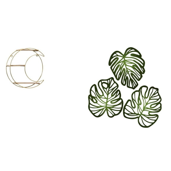 CoudarTitie Modern Multifunctional Metal Wall Shelf with Palm Leaves Wood Art Space Saving Decorative Display for Collectibles Trophy Creative Jungle Decor Above Bed Bathroom TV Background