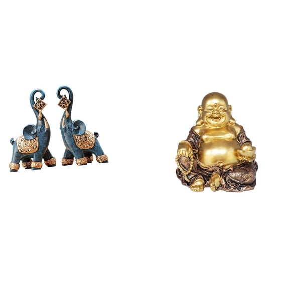 CoudarTitie Modern Resin Elephant and Maitreya Buddha Sculpture Set Unique Art Craft Collectible Feng Shui Tabletop Ornament for Home Office Decoration Anniversary Gifts
