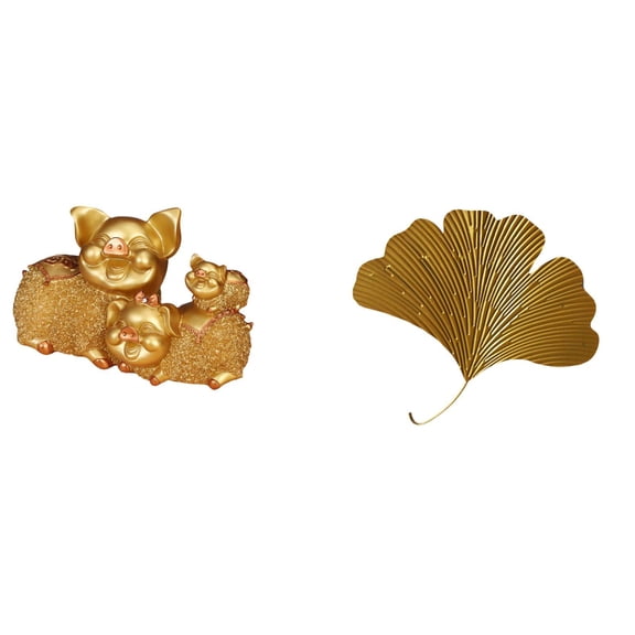 CoudarTitie Modern Resin Pig Figurine And Wrought Iron Ginkgo Leaves Wall Decor Abstract Animal Statue Sculpture for Bookshelf Entrance Shelf Centerpiece Living R