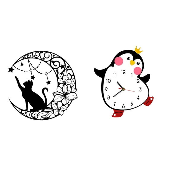 CoudarTitie Moonlit Cat and Penguin Whimsy Black Metal Art Sculpture with Wooden Clock for Bedroom Wall Decor and Cat Lover Gift Multifunctional