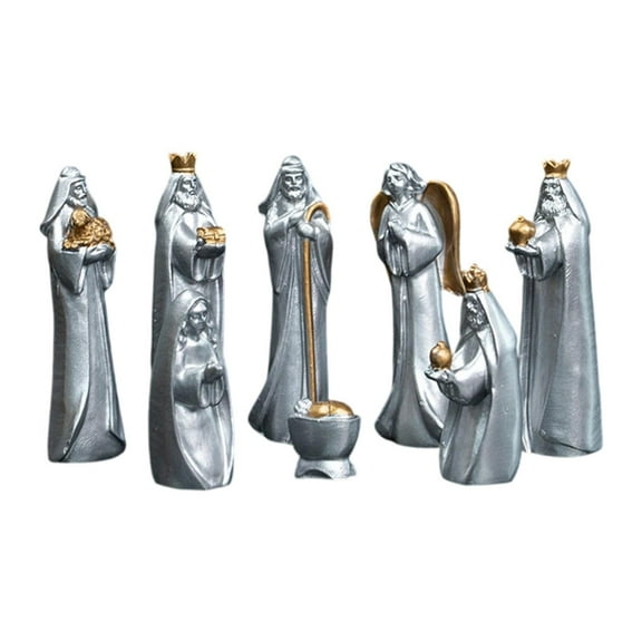 CoudarTitie Nativity Set Craft Religious Table Centerpiece Indoor Christmas Decoration Resin Silver