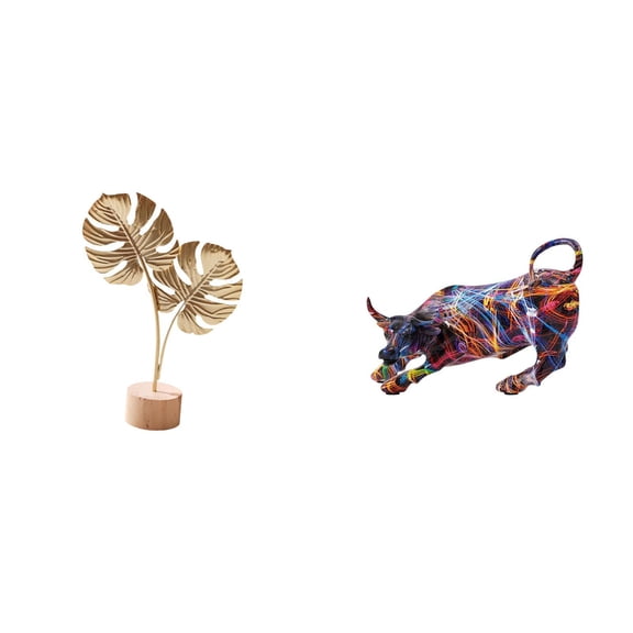 CoudarTitie Nordic Abstract Leaf Shaped Metal Sculpture Figurine Creative Ornament for Table Party Home Modern Resin Bull Colorful Feng Shui Animal Artwork Collection Statue for Living Room Desk