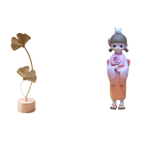 CoudarTitie Nordic Metal Leaf Sculpture Figurine Abstract Ornament for Table Party Home with Japanese Kimono Geisha Doll Resin Statue Asian Kabuki Toy Bedroom Farmhouse Accessories