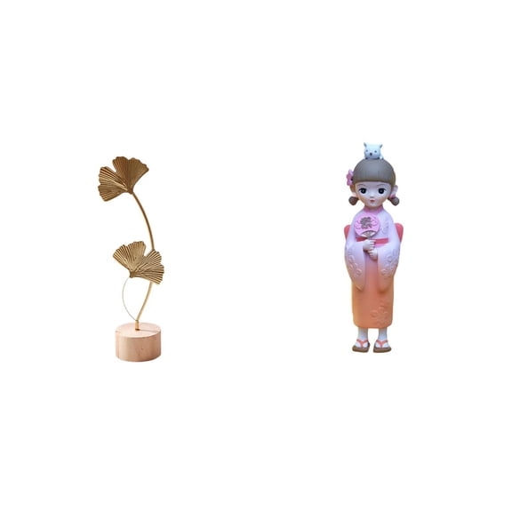 CoudarTitie Nordic Metal Leaf Sculpture Figurine Abstract Ornament for Table Party Home with Japanese Kimono Geisha Doll Resin Statue Asian Kabuki Toy Bedroom Farmhouse Accessories