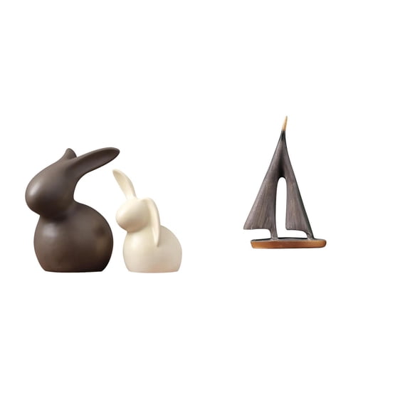 CoudarTitie Porcelain Bunny Sailing Ship Ornament Ceramic Statue Sailboat Model Decorative Art Figurine Easter Bunny Decor for Cabinet Garden Hotel Living Room TV Stand