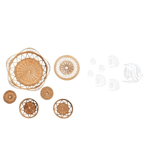 CoudarTitie Rattan Woven Wall Art and Acrylic Mirror Fish Wall Decals Decorative Ornaments for Tea Room Hallway Bedroom Porch Cafe Sofa TV Background