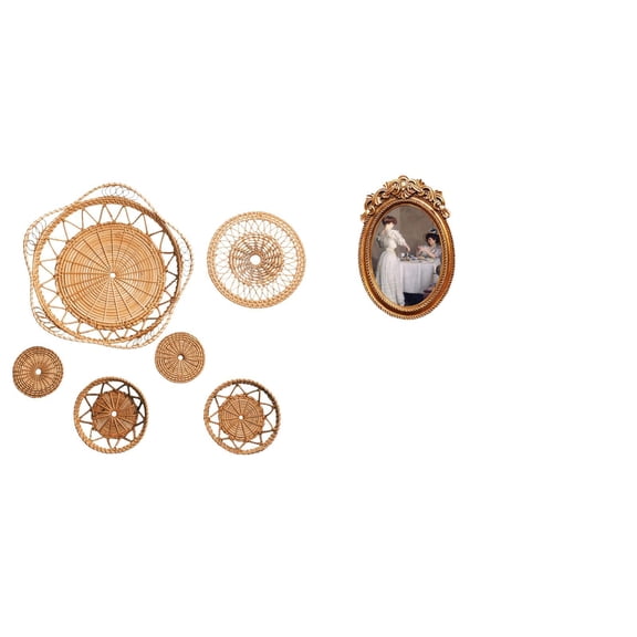 CoudarTitie Rattan Woven Wall Art and Ornate Resin Photo Frame Decorative Hanging and Tabletop Display for Bedroom Hallway Porch Cafe Office Gift