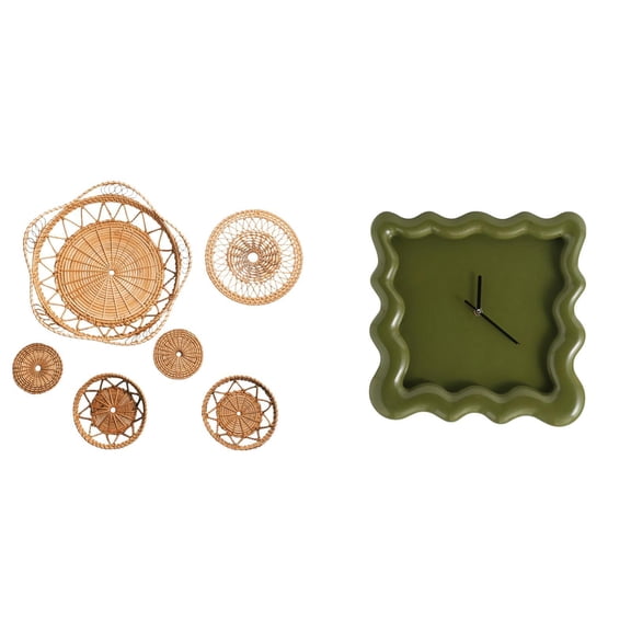 CoudarTitie Rattan Woven Wall Art and Square Clock Ornament for Tea Room Hallway Bedroom Porch Cafe Bathroom Farmhouse Classroom Kitchen Study