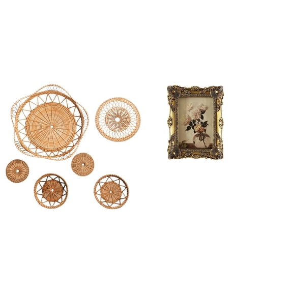 CoudarTitie Rattan Woven Wall Art and Vintage Resin Photo Frame Decorative Ornaments for Hallway Bedroom Porch Cafe Tea Room Wedding