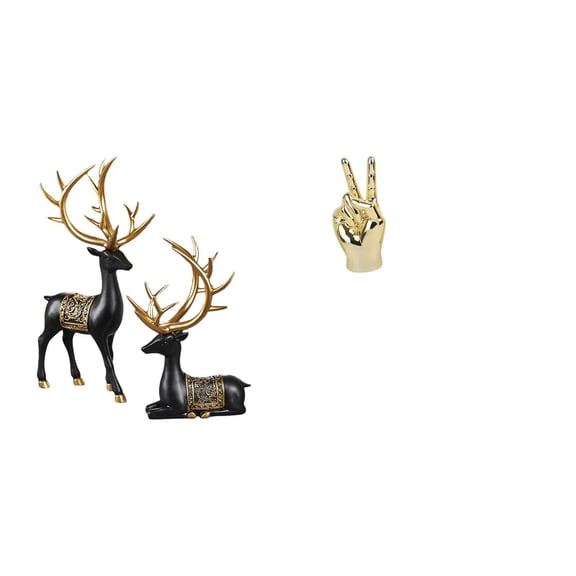 CoudarTitie Reindeer Elk Resin Statue and Hand Finger Gesture Sculpture Creative Animal Figurine for Home Living Room Cabinet Tabletop Decoration