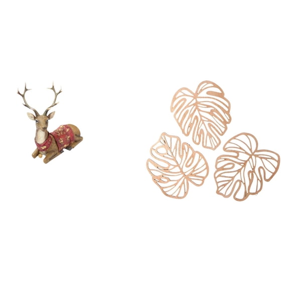 CoudarTitie Reindeer Palm Leaves Statue Elk Sculpture Tabletop Ornament Deer Figurine Wooden Creative Tropical Wall Art Jungle Decor Living Room Office Bedroom Farmhouse