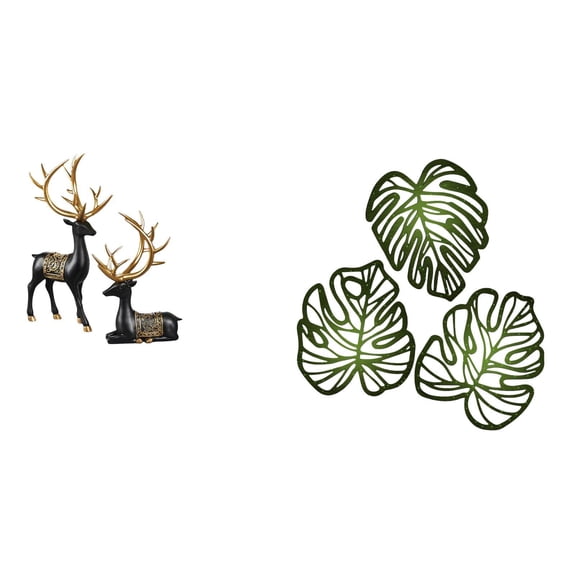 CoudarTitie Reindeer Sculpture Elk Resin Statue Collection Deer Figurine Animal Figure Palm Leaves Wood Wall Decor Wooden Ornament Creative Tropical Wall Art Jungle Decor Cabinet Tabletop