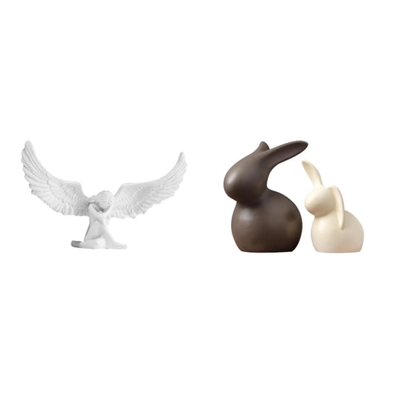 CoudarTitie Resin Angel Sculpture with Winged Figurine Ceramic Bunny Ornament for Office Housewarming Bookshelf Hallway Desktop Cabinet Garden Decor