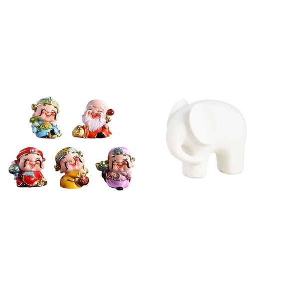 CoudarTitie Resin God of Fortune Wealthy Mini Statues and Ceramic Elephant Animal Sculpture Figurine Collection for Bedroom Bookshelf Tabletop Decor