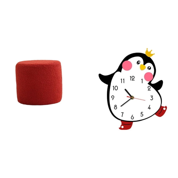 CoudarTitie Round Ottoman Foot Rest Stool Bench Seat Chair Small Cylinder Sofa Tea Stool for Office Bedroom Nursery Apartment Cartoon Penguin Wooden Wall Clock Decorative Lovely Battery Powered