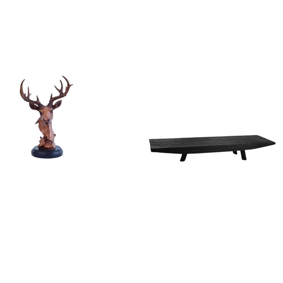 CoudarTitie Rustic Deer Head Resin Figurine with Multi Use Wood Storage Tray Decorative Animal Statue for Home Nightstand Desktop Wedding Coffee Table