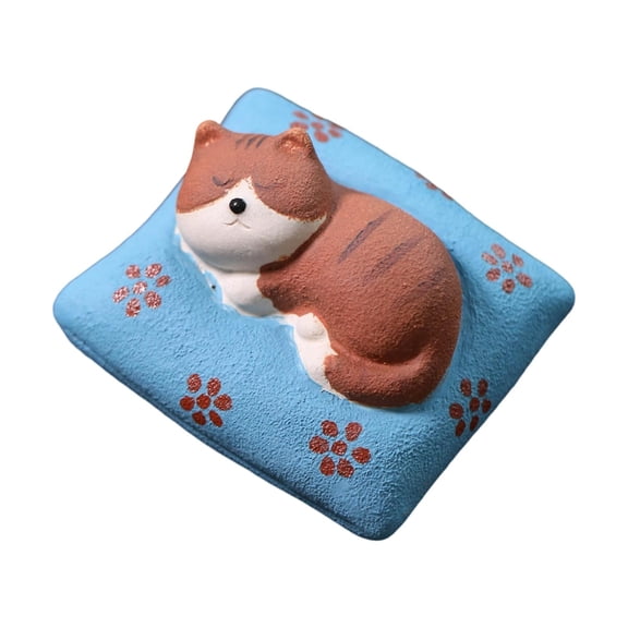 CoudarTitie Sleeping Cat Figurine Purple Clay Cat Tea Pet for Desk Living Room Bookshelf blue pillow