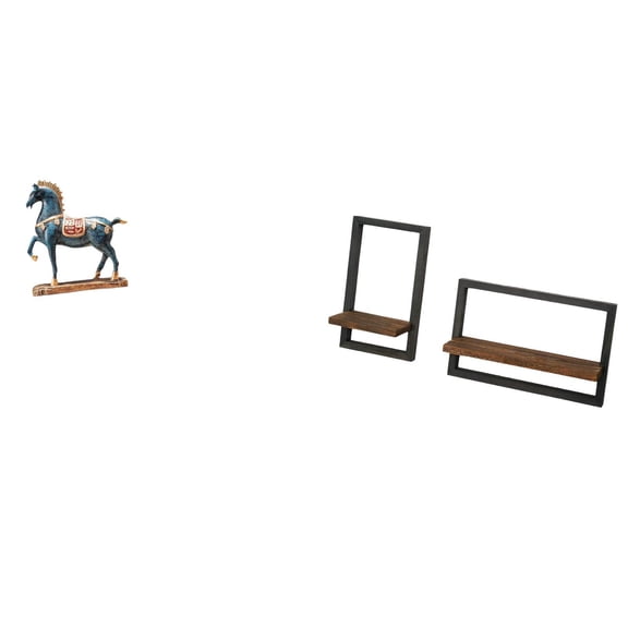 CoudarTitie Standing Horse Sculpture Figurine for Desk Living Room Bookcase Decoration with Floating Wood Wall Shelves Modern Rustic Display Shelf Set for Kitchen Office Dining Room Fengshui