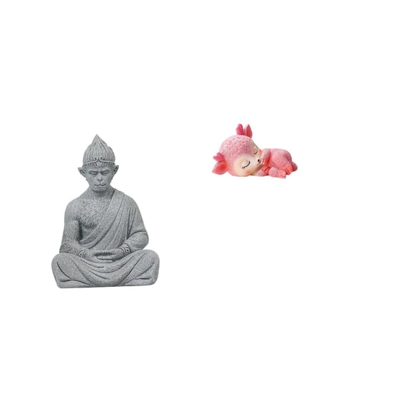 CoudarTitie Sun Wukong Buddha and Sleeping Deer Resin Statue Miniature Figurine for Hotel Patio Backyard Kitchen Dining Tabletop Decor