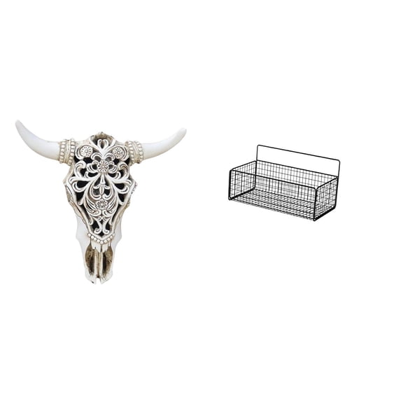 CoudarTitie Tribal Bull Head Sculpture and Metal Wire Storage Basket Wall Hanging Art Decor for Office Farmhouse Bedroom Kitchen Bathroom Living Room