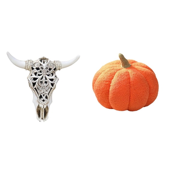 CoudarTitie Tribal Bull Head Sculpture and Pumpkin Plush Pillow Wall Hanging Art for Office Farmhouse Bedroom Sofa Cushion Halloween Room Decor