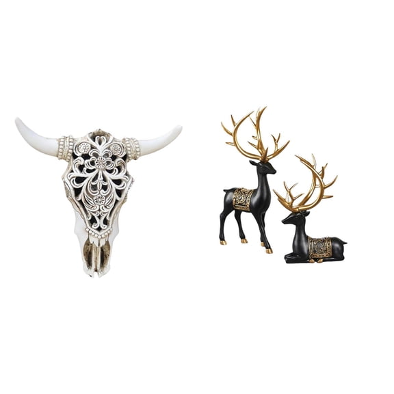 CoudarTitie Tribal Bull Head Wall Hanging Art and Reindeer Elk Resin Statue Collection Animal Figure Decor for Office Farmhouse Bedroom Cabinet Tabletop