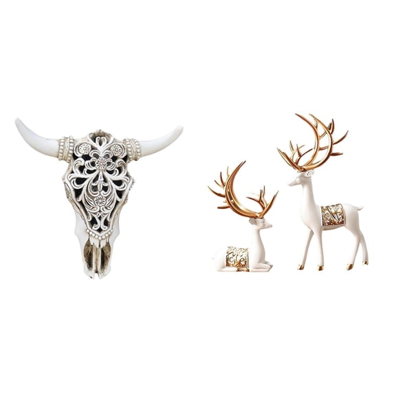 CoudarTitie Tribal Bull Head Wall Hanging Art Sculpture Ornament for Office Farmhouse Bedroom European Reindeer Statues Collectable Craft Deer Lover Decor