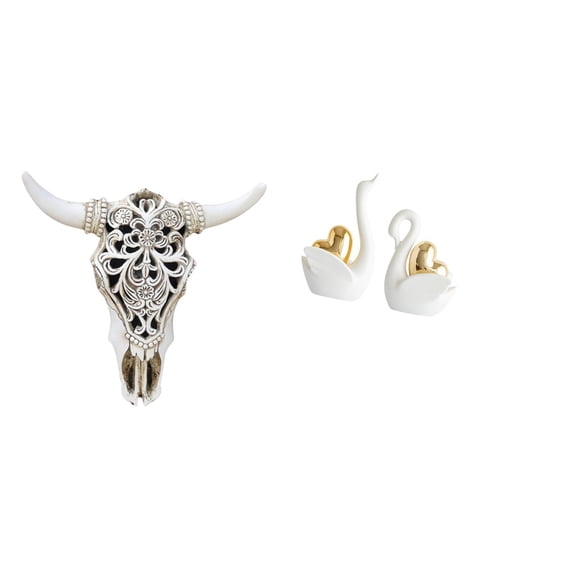 CoudarTitie Tribal Bull Head Wall Hanging Art and Swan Figurines Tabletop Ornament Sculpture for Office Farmhouse Bedroom Bookshelf Entrance Decor
