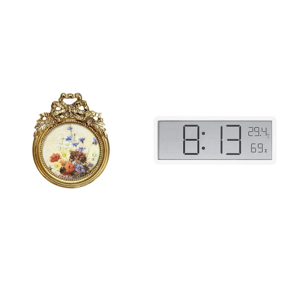 CoudarTitie Vintage Ornate Round Photo Frame with Large Digital Display Temperature and Humidity for Wedding Gift and Office Bedroom Decor