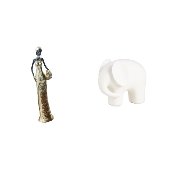 CoudarTitie Vintage Tribal Lady And Elephant Ceramic Sculpture Figurine for Desk Cabinet Bedroom Housewarming Gift Collectible Animal Statue with Nonslip Pads for