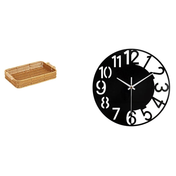 CoudarTitie Woven Acrylic Fruit Basket Clock Decorative Snack Serving Bowl Silent Easy Read Simple Round Wall Clock Bread Plate Desktop Hotel Office Home