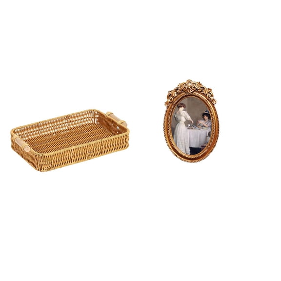 CoudarTitie Woven Fruit Basket Snack Bowl and Ornate Resin Photo Frame Decorative Tabletop Display Holder for Office Gift Bedroom Bread Plate