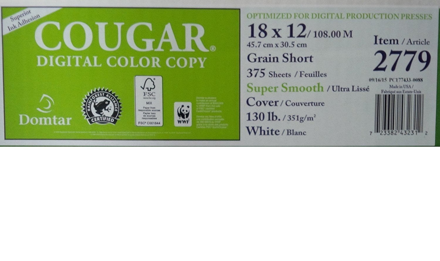 Cougar Digital 12 x 18 White Cardstock 130lb Cover Super Smooth 375/Ream