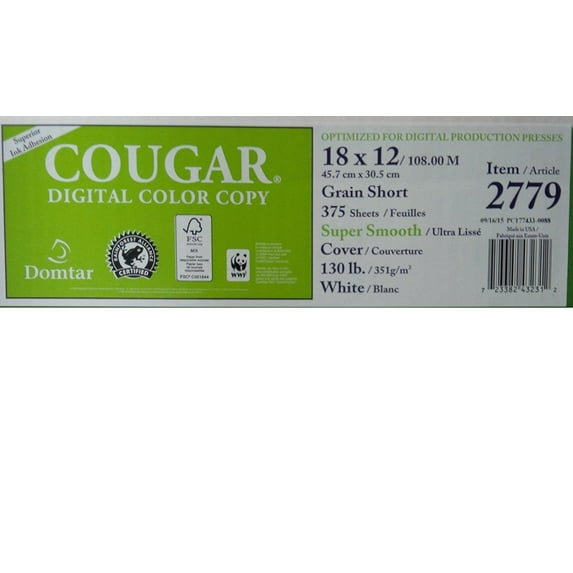 Cougar Digital 12 x 18 White Cardstock 130lb Cover Super Smooth 375/Ream