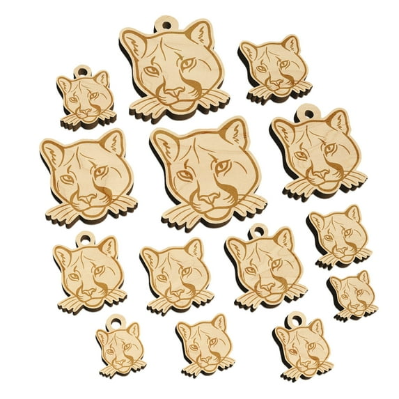 Cougar Head Mountain Lion Puma Wood Mini Charms Shapes DIY Craft Jewelry - With Hole - Various Sizes (16pcs)