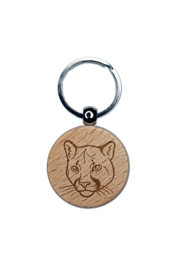 Cougar Head Mountain Lion Round Keychain Charm Tag - Engraved Wood