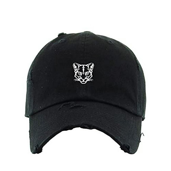 Cougar Head Vintage Baseball Cap Embroidered Cotton Adjustable Distressed Dad Hat Black
