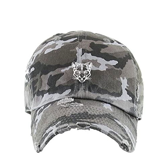 Cougar Head Vintage Baseball Cap Embroidered Cotton Adjustable Distressed Dad Hat Gray Camo