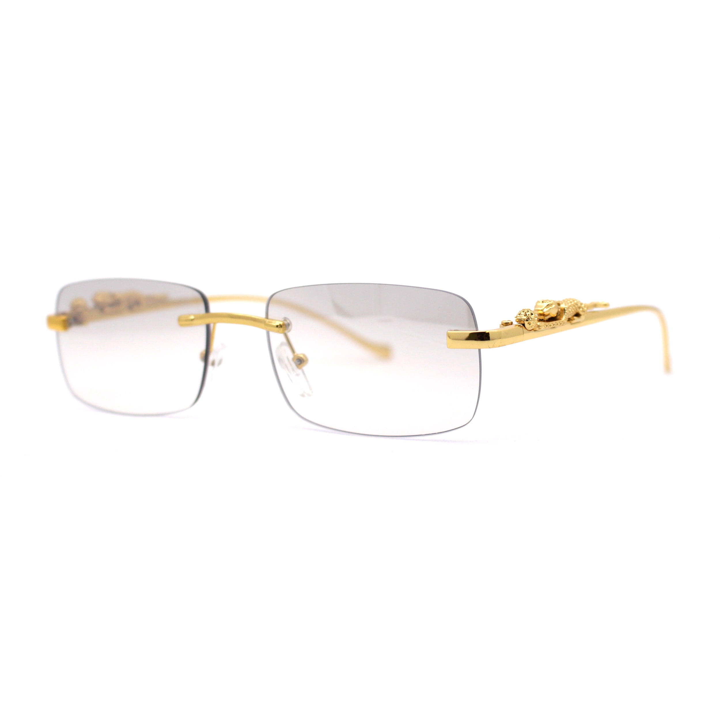 Cougar Jewel Rimless Narrow Rectangular Luxury Pimp Sunglasses Gold Grey  Clear - Walmart.com