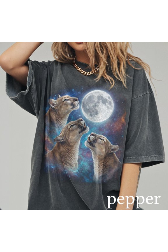 Cougar Moon Graphic Tee Mystical Mountain Lion Wildlife Shirt Forest Night