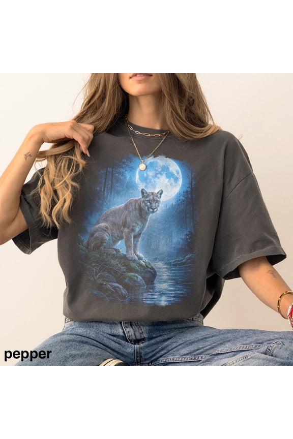 Cougar Moonlight Wildlife Graphic TShirt Mountain Lion Forest River Illustration on Nature
