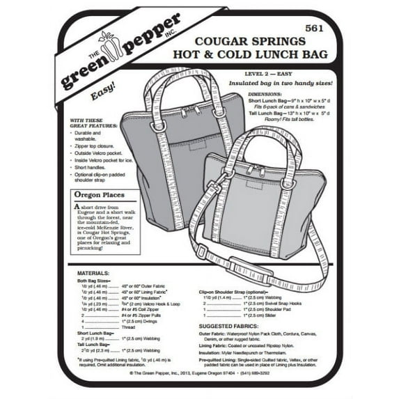Cougar Springs Hot & Cold Lunch Bag Pack Tote #561 Sewing Pattern (Pattern Only)